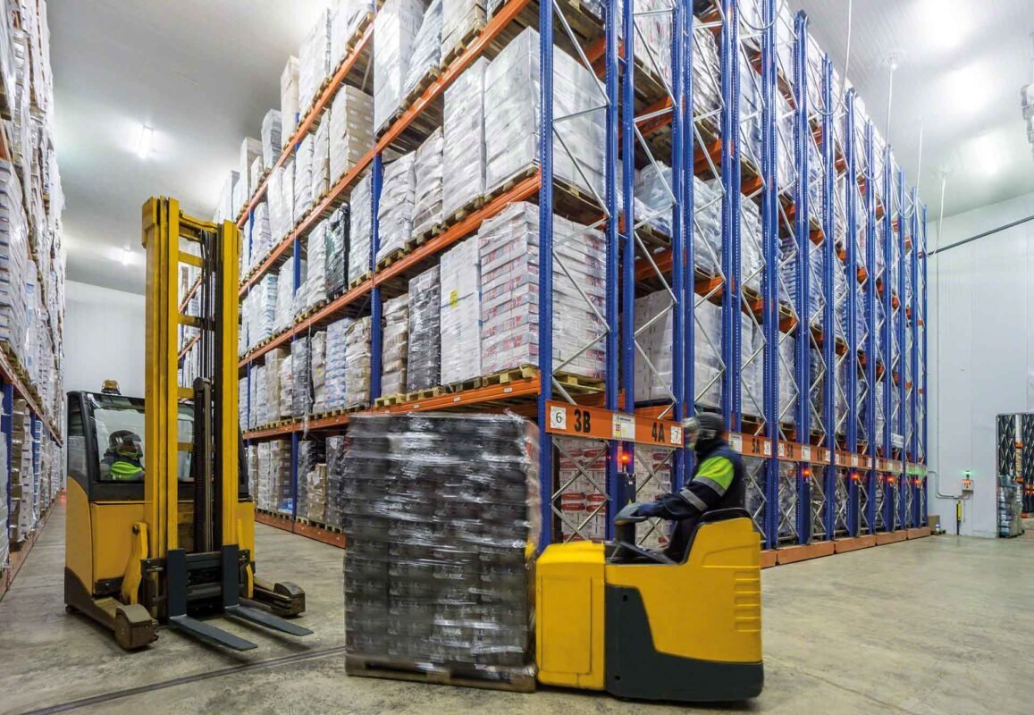 operator driving forklift truck cold storage warehouse.1.5 Noble Foods